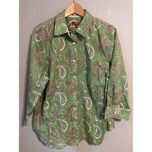 Talbots Woman Shirt Womens 16W Green Pink Paisley Button Down Stretch Cotton